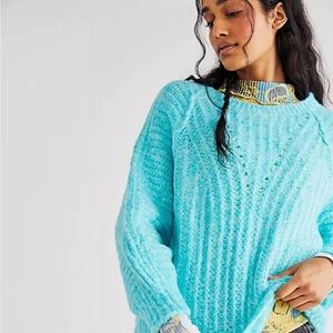Free People Carter Aqua Fur Blue Knit Boxy Pullover Sweater Women's Size Small S